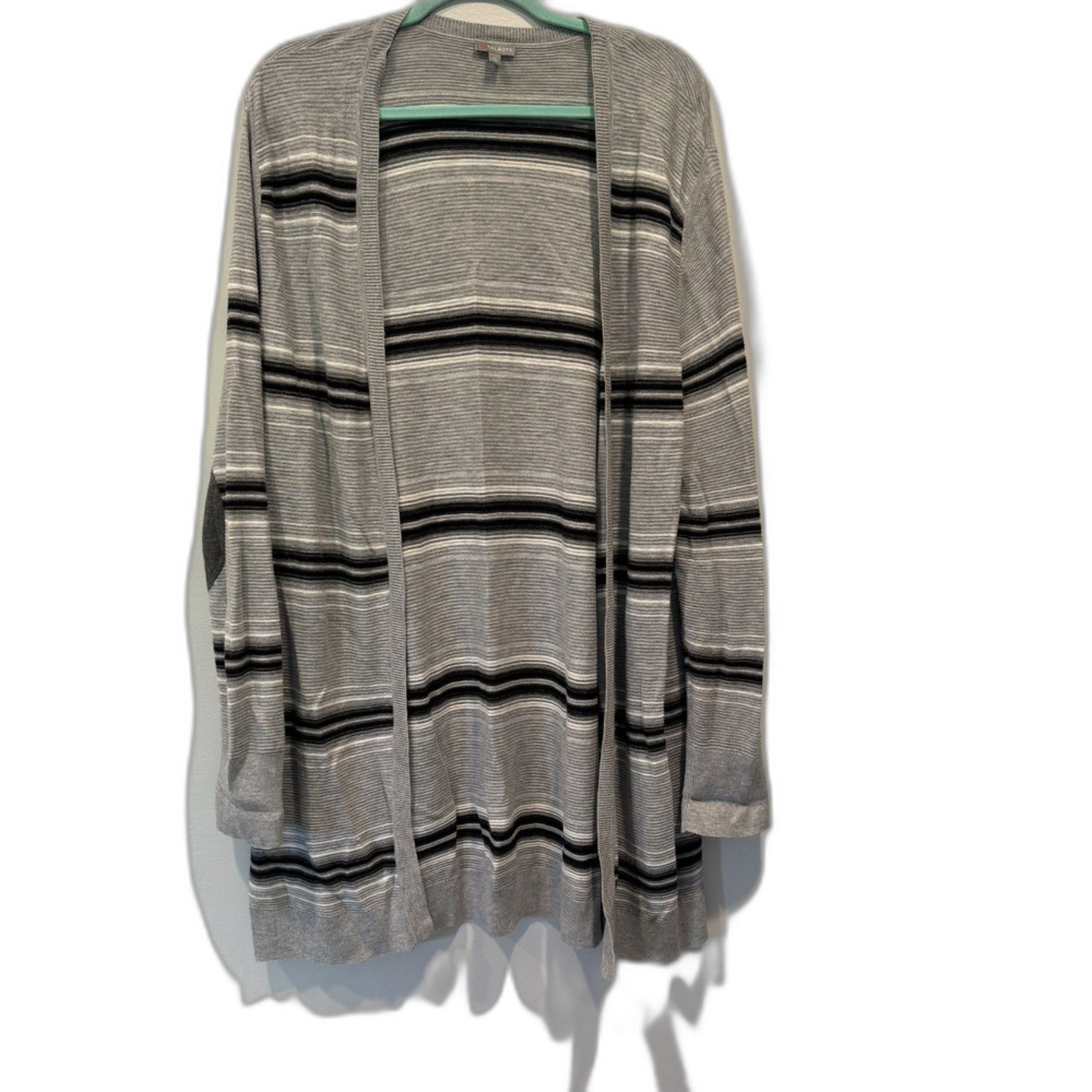 Talbots Striped Open Cardigan Gray Black Elbow Patch Cotton Lightweight Women XL